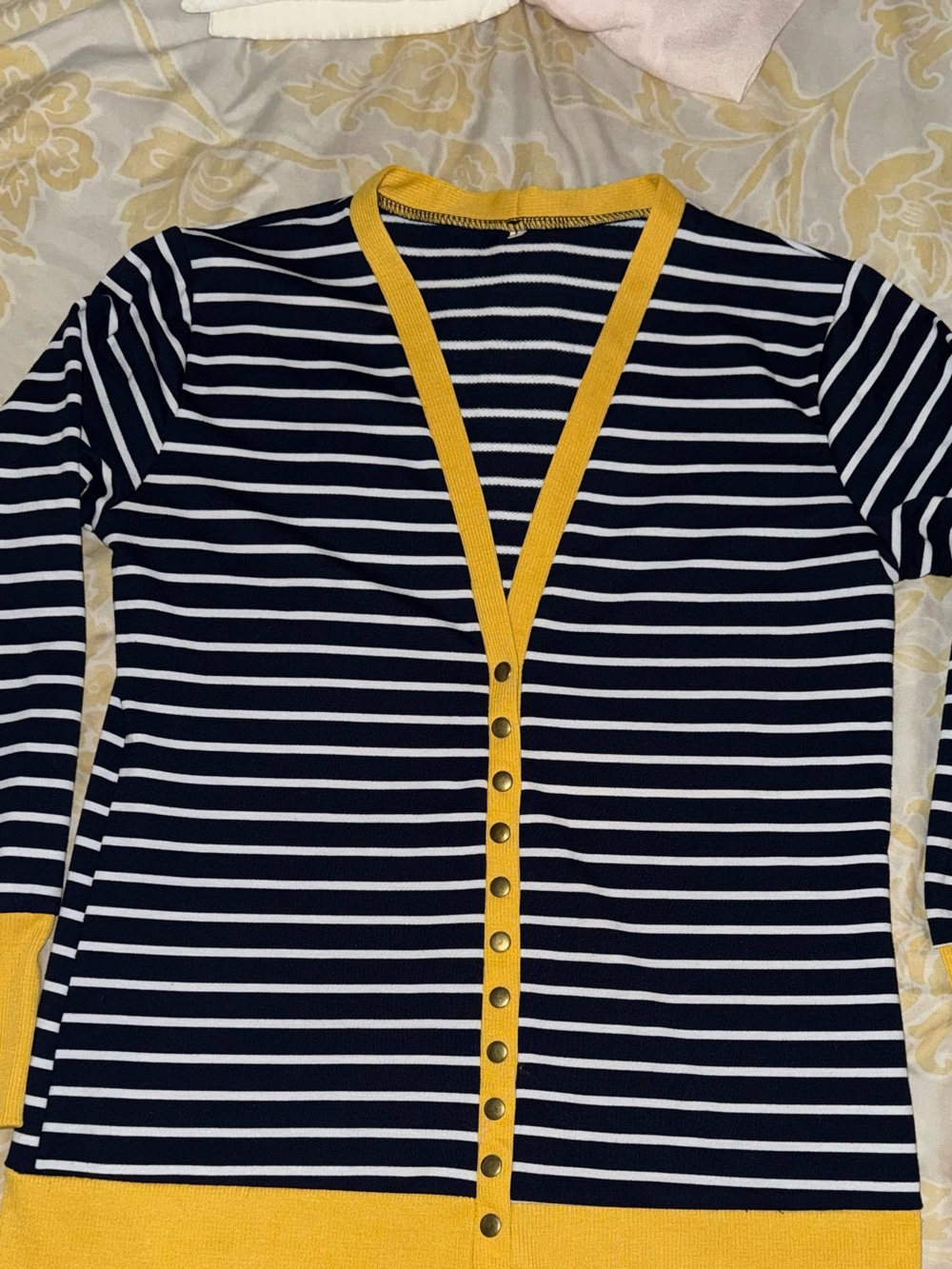 Striped Navy and White Cardigan with Yellow Trim